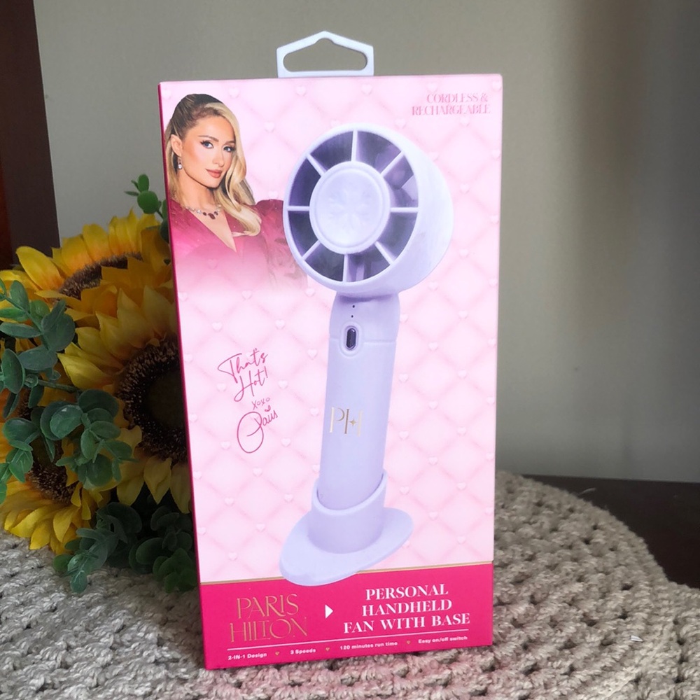 Paris Hilton Purple Handheld Fan with Base